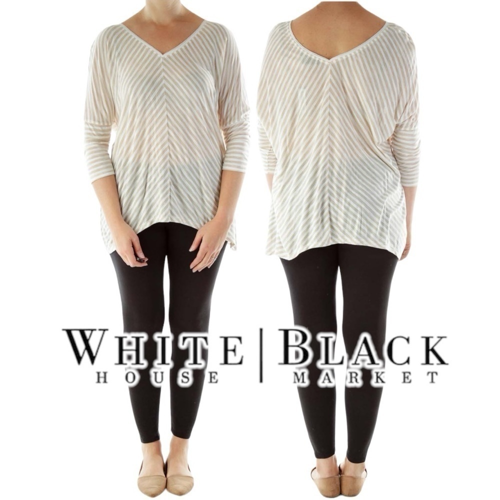 WHBM Beige Cream Stripped V Neck Casual Dolman Sleeve 3/4 Sleeve Top Size Small